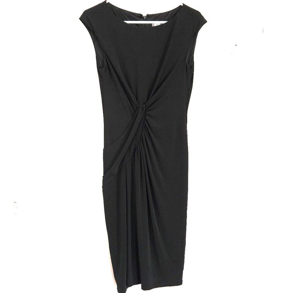 Vince Camuto Midi Dress Faux Wrap Ruched Cap Sleeve Black SZ 6- EUC
